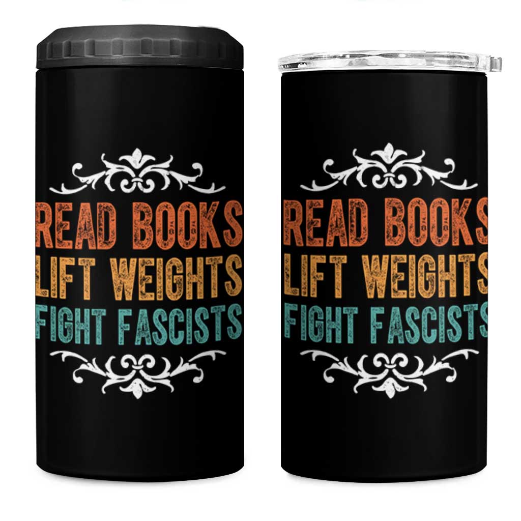 Read Books Lift Weights Fight Fascists 4 in 1 Can Cooler Tumbler Reading Activism - Wonder Print Shop