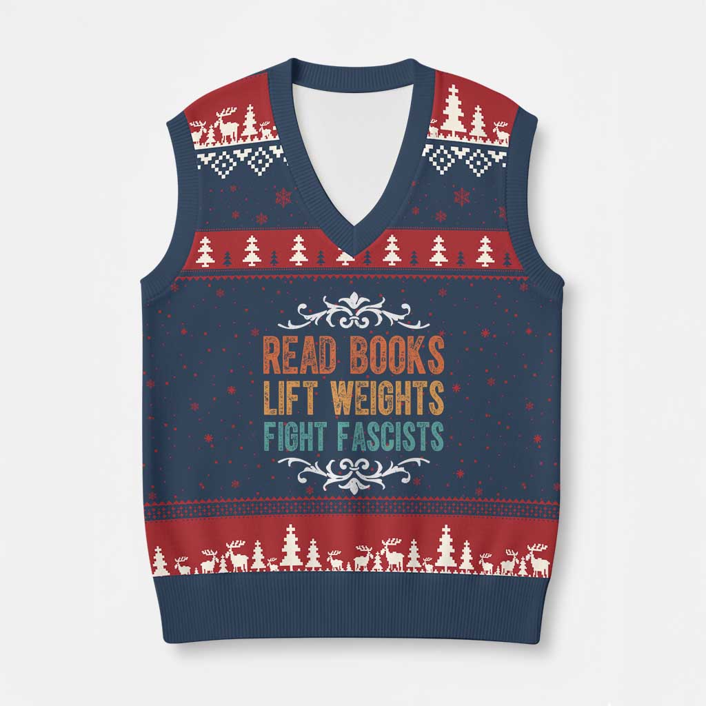 Read Books Lift Weights Fight Fascists V-Neck Knit Sweater Vest Reading Activism - Wonder Print Shop