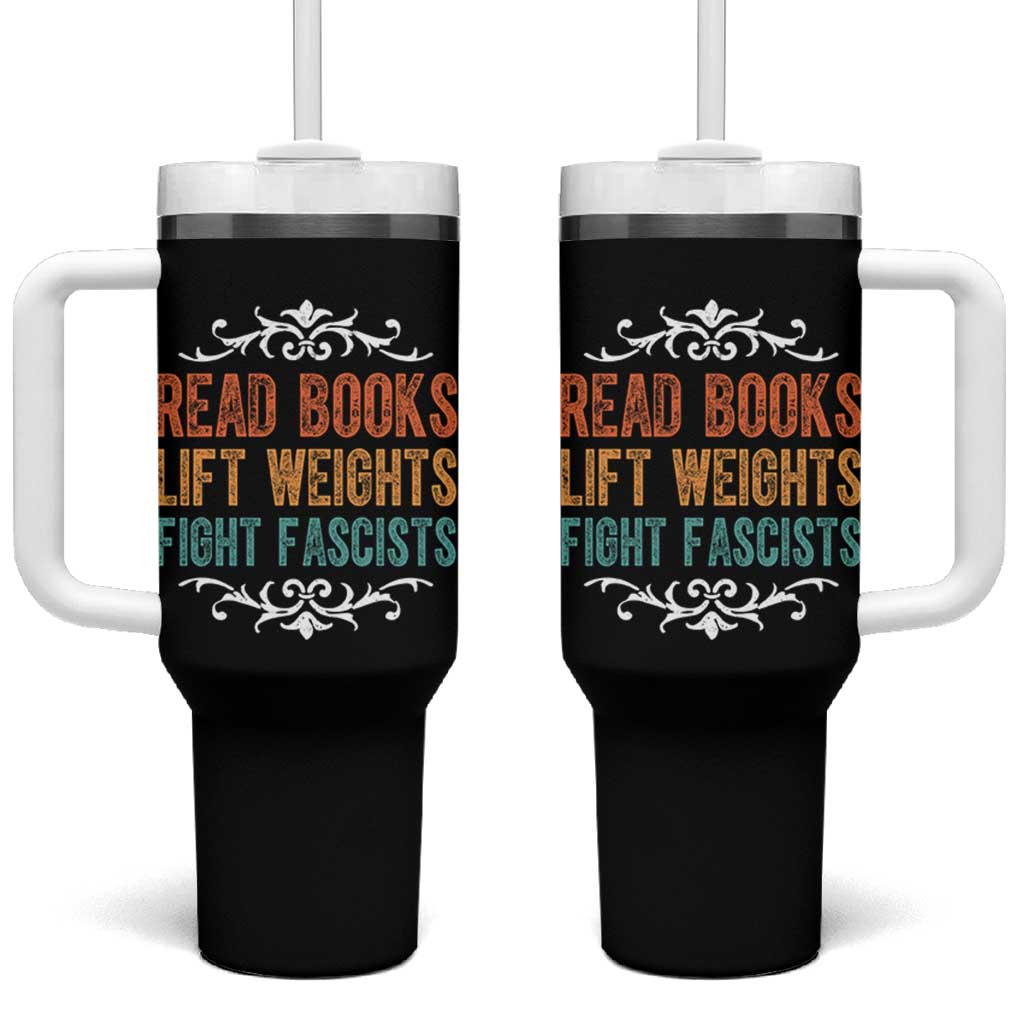 Read Books Lift Weights Fight Fascists Tumbler With Handle Reading Activism - Wonder Print Shop