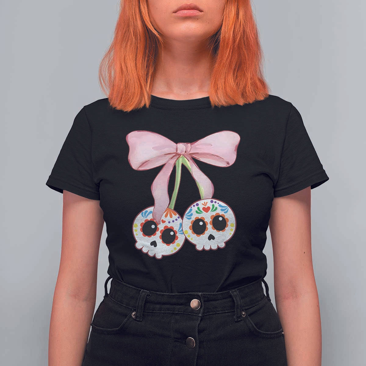 Day Of The Dead T Shirt For Women Sugar Skull Pink Bow Coquette Aesthetic - Wonder Print Shop