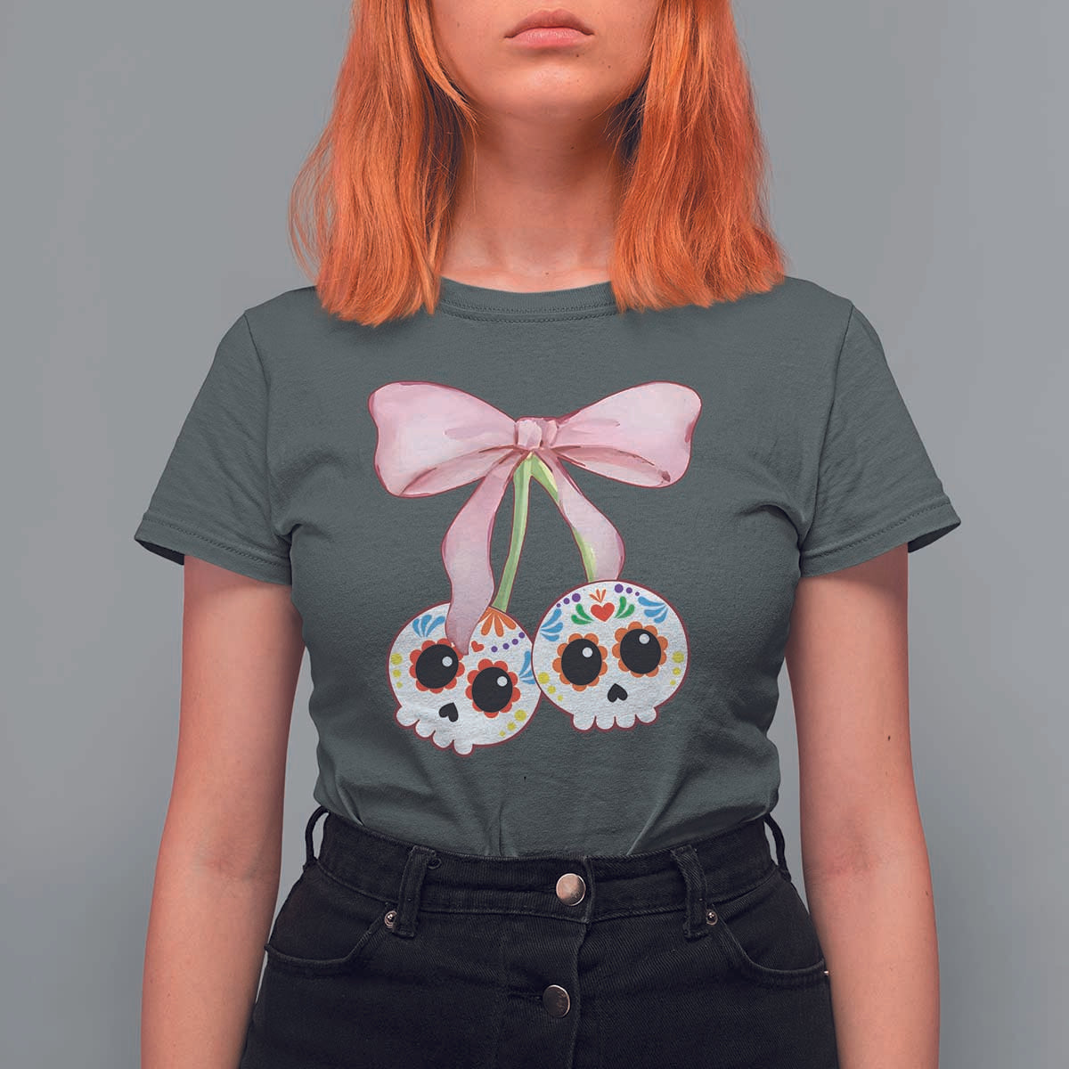 Day Of The Dead T Shirt For Women Sugar Skull Pink Bow Coquette Aesthetic - Wonder Print Shop