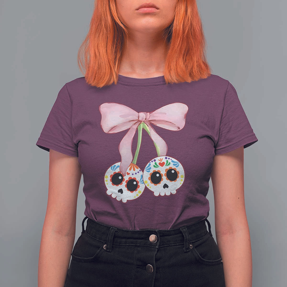 Day Of The Dead T Shirt For Women Sugar Skull Pink Bow Coquette Aesthetic - Wonder Print Shop