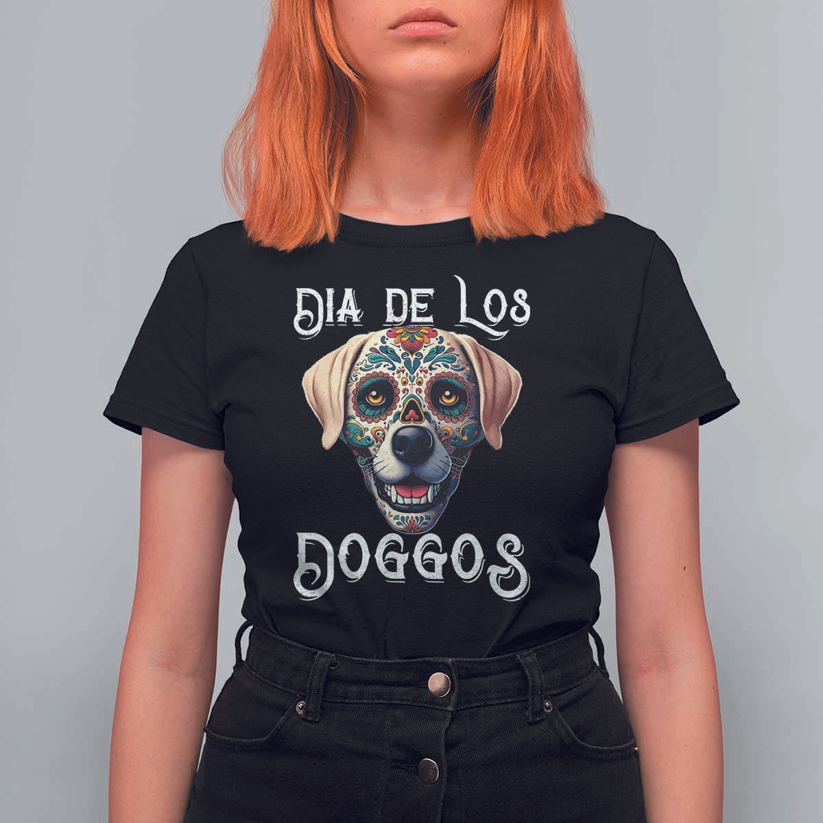Day Of The Dead T Shirt For Women Dia De Los Doggos Dog Calaca Face Painting - Wonder Print Shop