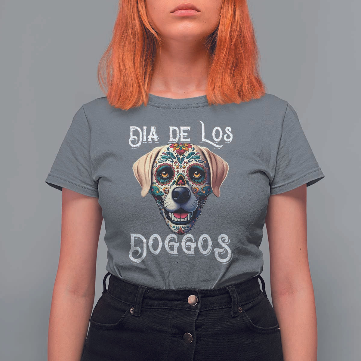 Day Of The Dead T Shirt For Women Dia De Los Doggos Dog Calaca Face Painting - Wonder Print Shop