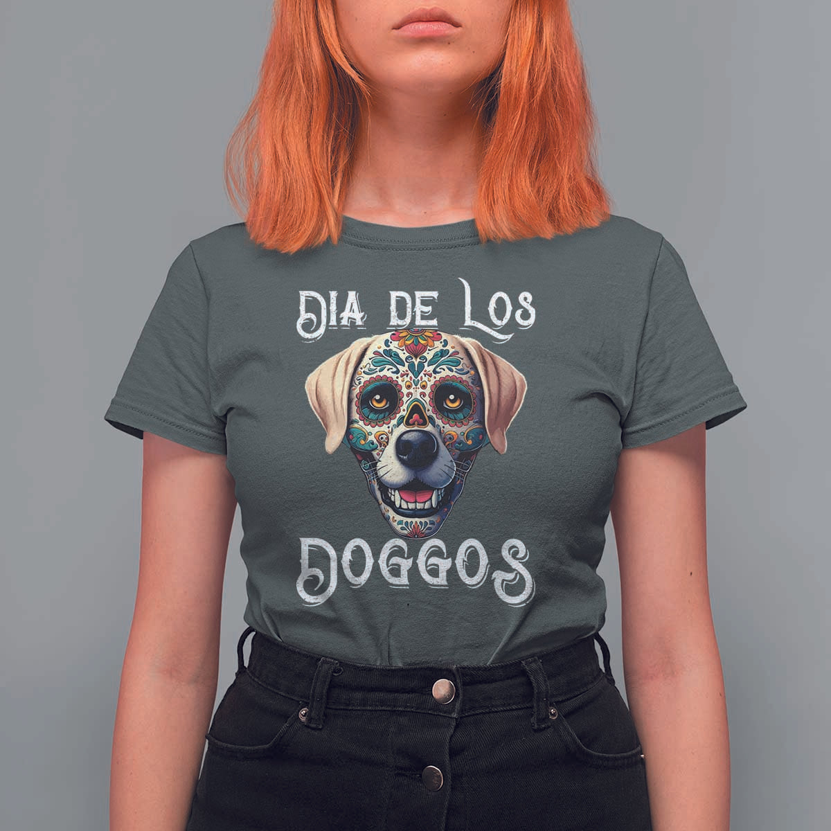 Day Of The Dead T Shirt For Women Dia De Los Doggos Dog Calaca Face Painting - Wonder Print Shop