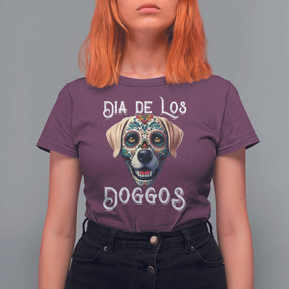 Day Of The Dead T Shirt For Women Dia De Los Doggos Dog Calaca Face Painting - Wonder Print Shop