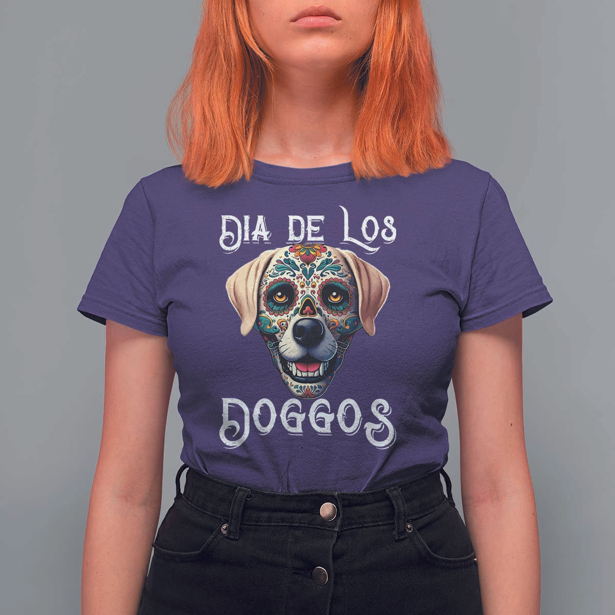 Day Of The Dead T Shirt For Women Dia De Los Doggos Dog Calaca Face Painting - Wonder Print Shop