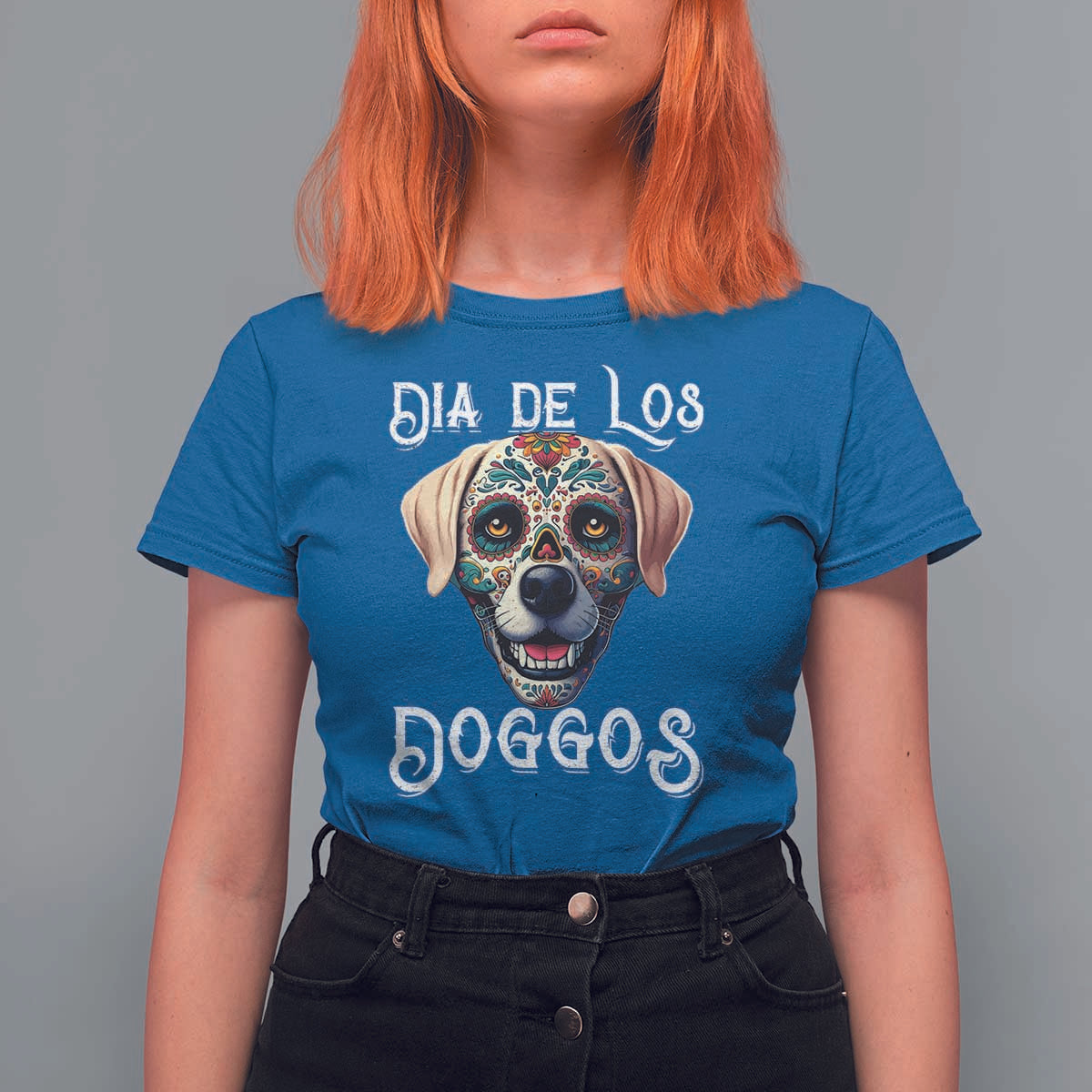 Day Of The Dead T Shirt For Women Dia De Los Doggos Dog Calaca Face Painting - Wonder Print Shop