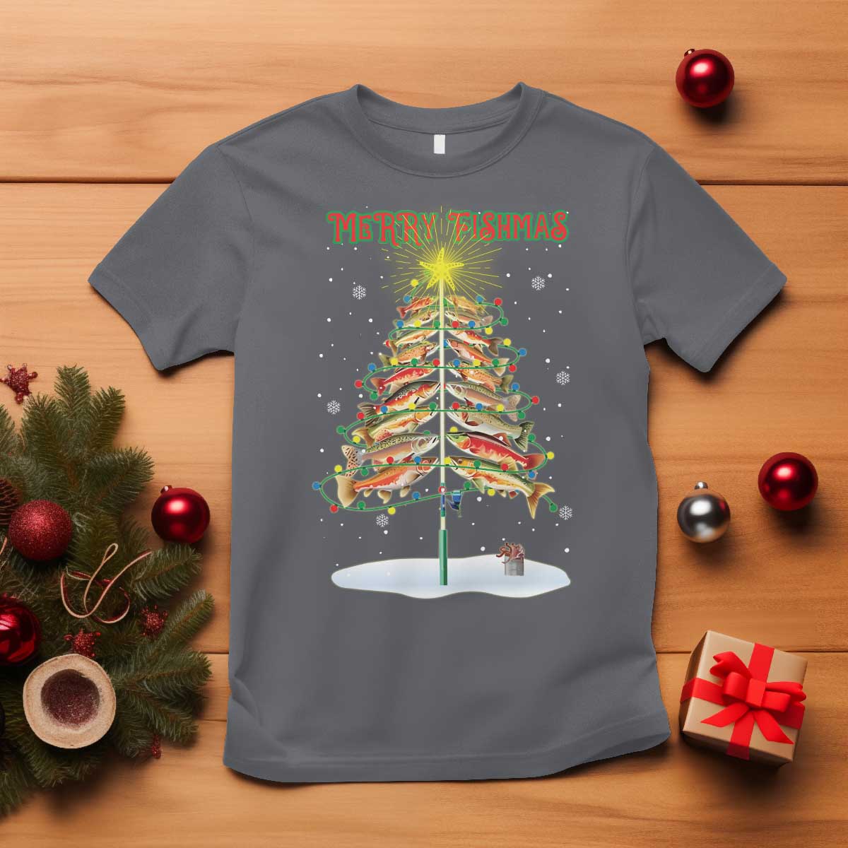 Funny Christmas Fishing T Shirt Merry Fishmas Fish Xmas Tree Star - Wonder Print Shop
