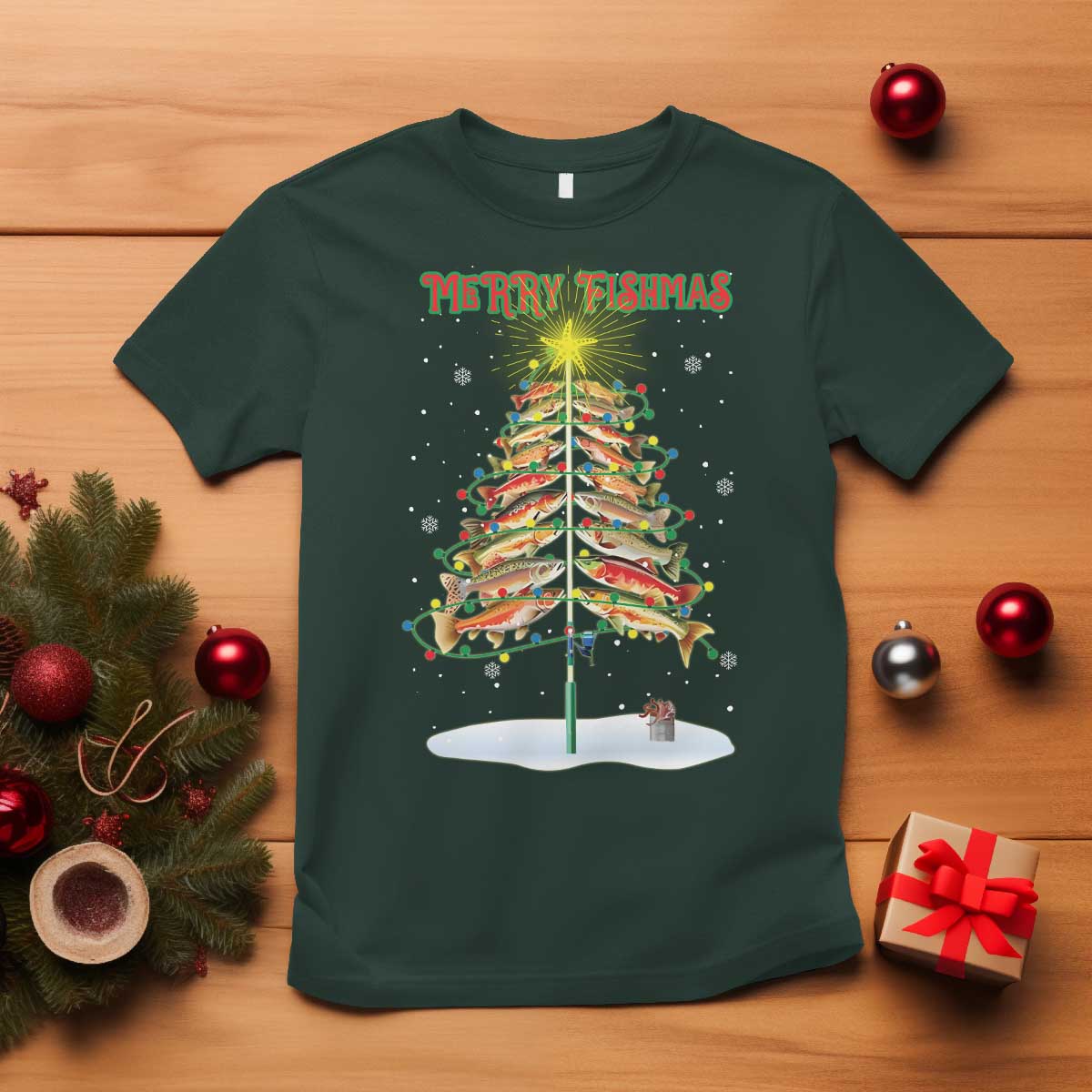 Funny Christmas Fishing T Shirt Merry Fishmas Fish Xmas Tree Star - Wonder Print Shop