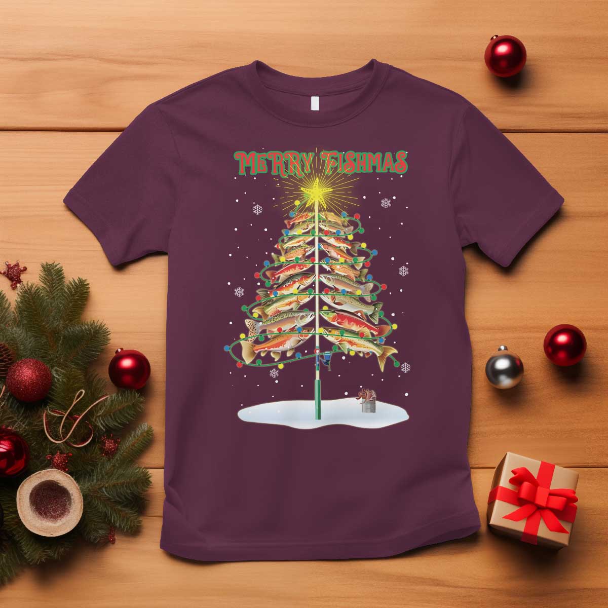 Funny Christmas Fishing T Shirt Merry Fishmas Fish Xmas Tree Star - Wonder Print Shop
