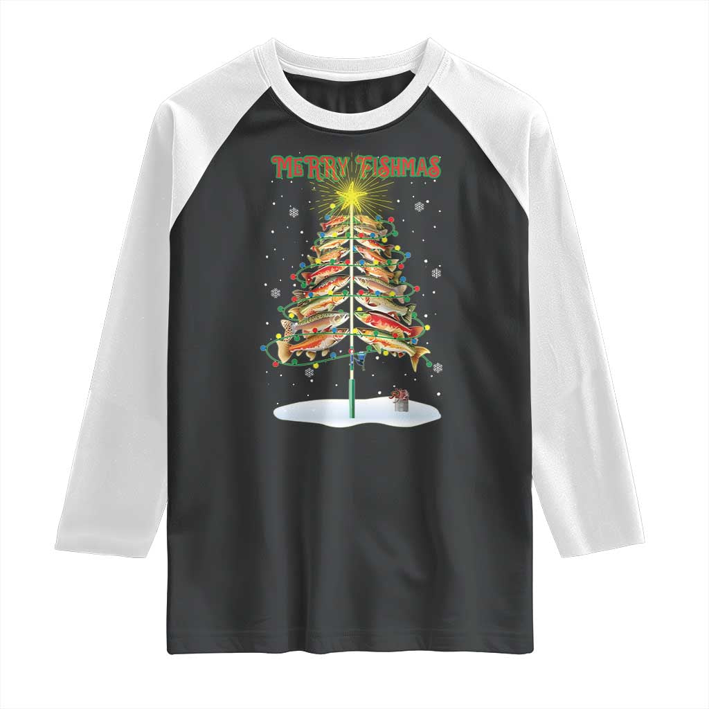 Funny Christmas Fishing Raglan Shirt Merry Fishmas Fish Xmas Tree Star - Wonder Print Shop