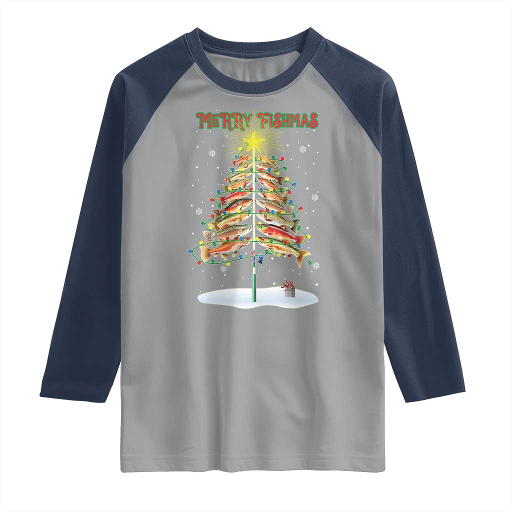 Funny Christmas Fishing Raglan Shirt Merry Fishmas Fish Xmas Tree Star - Wonder Print Shop