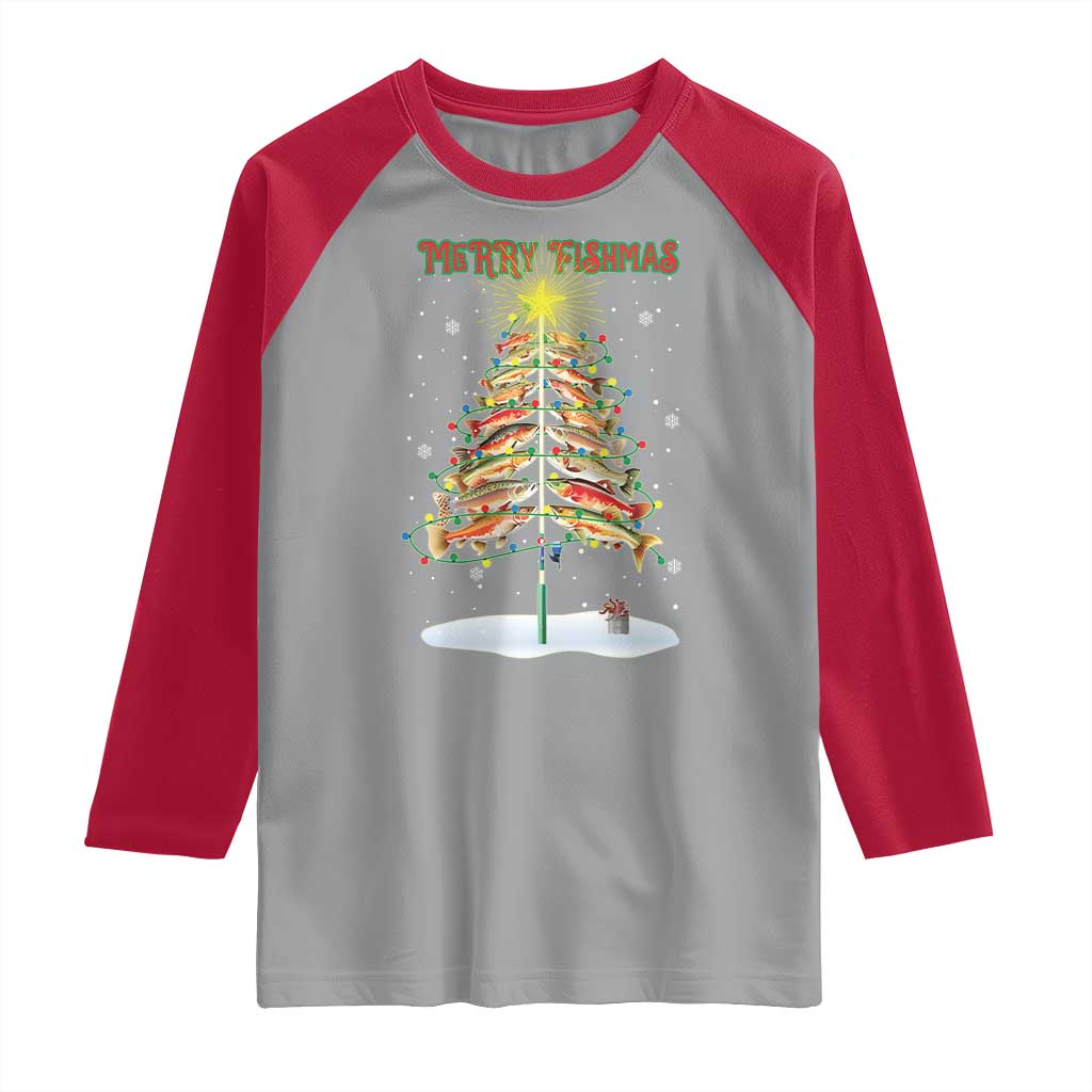 Funny Christmas Fishing Raglan Shirt Merry Fishmas Fish Xmas Tree Star - Wonder Print Shop