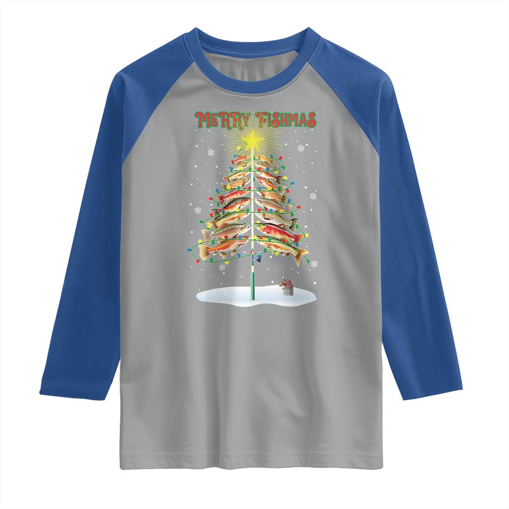 Funny Christmas Fishing Raglan Shirt Merry Fishmas Fish Xmas Tree Star - Wonder Print Shop