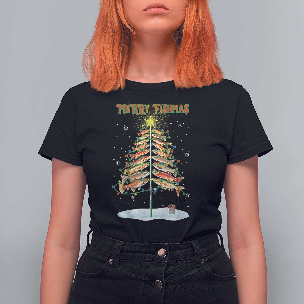 Funny Christmas Fishing T Shirt For Women Merry Fishmas Fish Xmas Tree Star - Wonder Print Shop