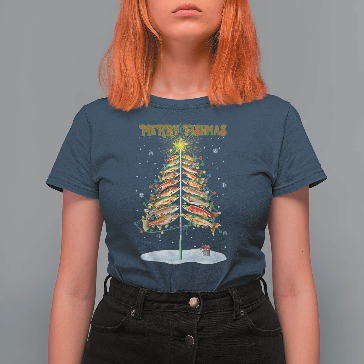 Funny Christmas Fishing T Shirt For Women Merry Fishmas Fish Xmas Tree Star - Wonder Print Shop
