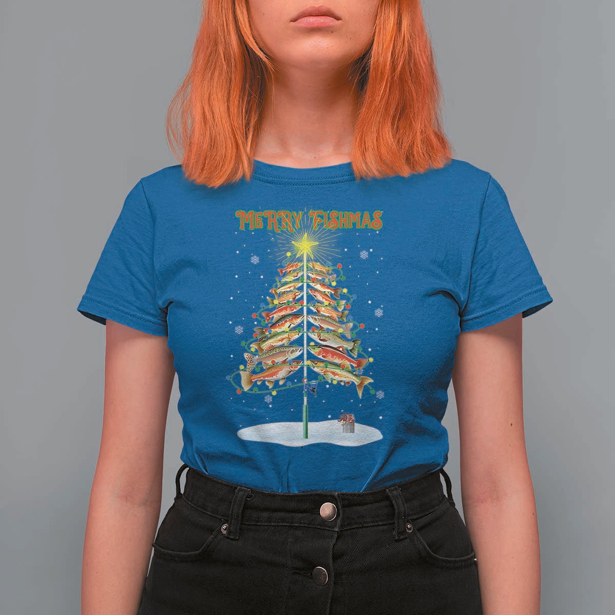 Funny Christmas Fishing T Shirt For Women Merry Fishmas Fish Xmas Tree Star - Wonder Print Shop