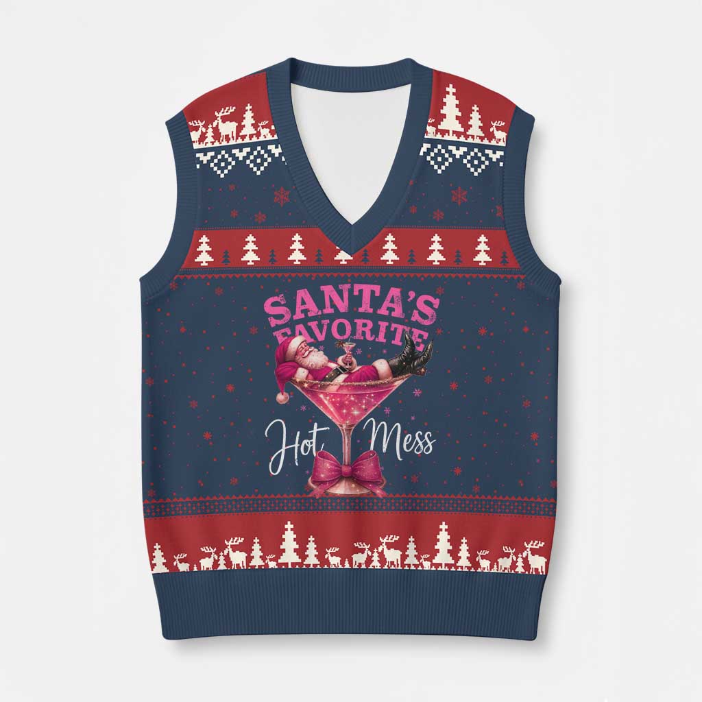 Funny Xmas Santas Favorite Hot Mess V-Neck Knit Sweater Vest Xmas Drinking Party - Wonder Print Shop