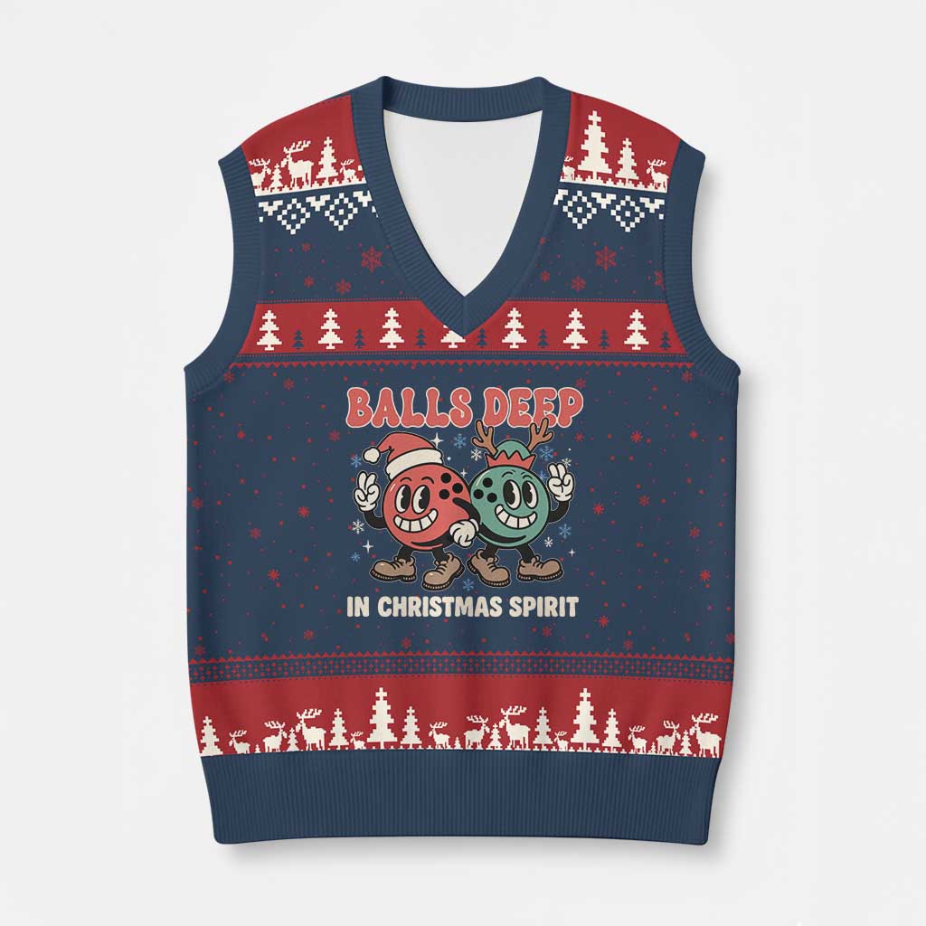 Funny Xmas Bowling V-Neck Knit Sweater Vest Balls Deep In Xmas Spirit - Wonder Print Shop