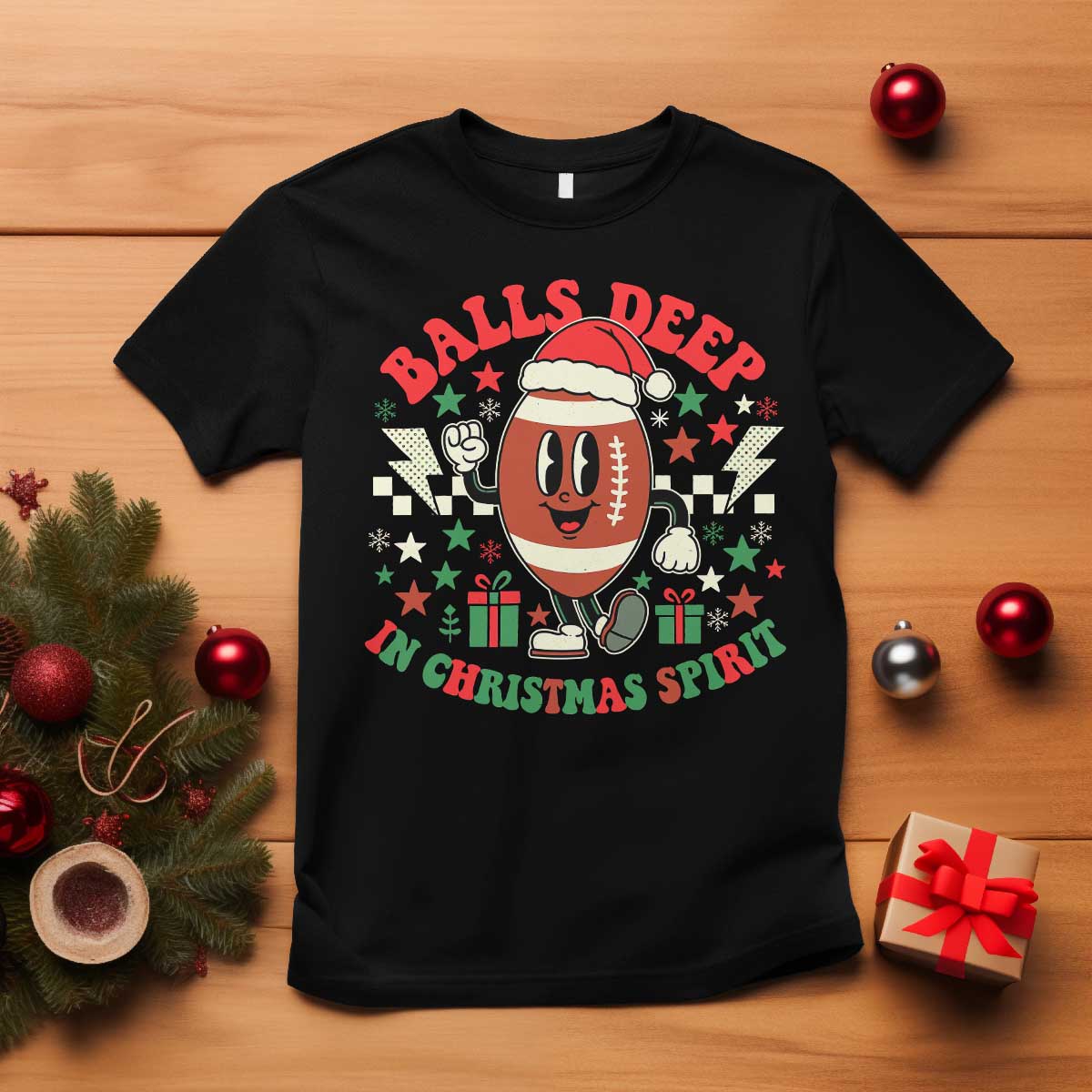 Funny Xmas American Football T Shirt Balls Deep In Christmas Spirit Game Day - Wonder Print Shop