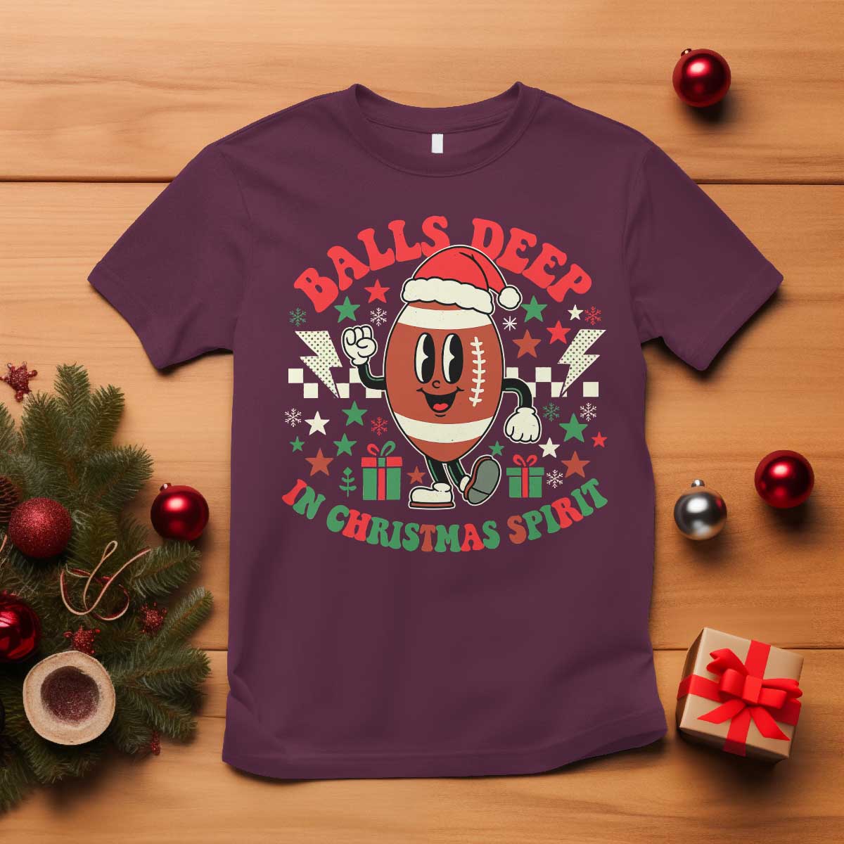 Funny Xmas American Football T Shirt Balls Deep In Christmas Spirit Game Day - Wonder Print Shop