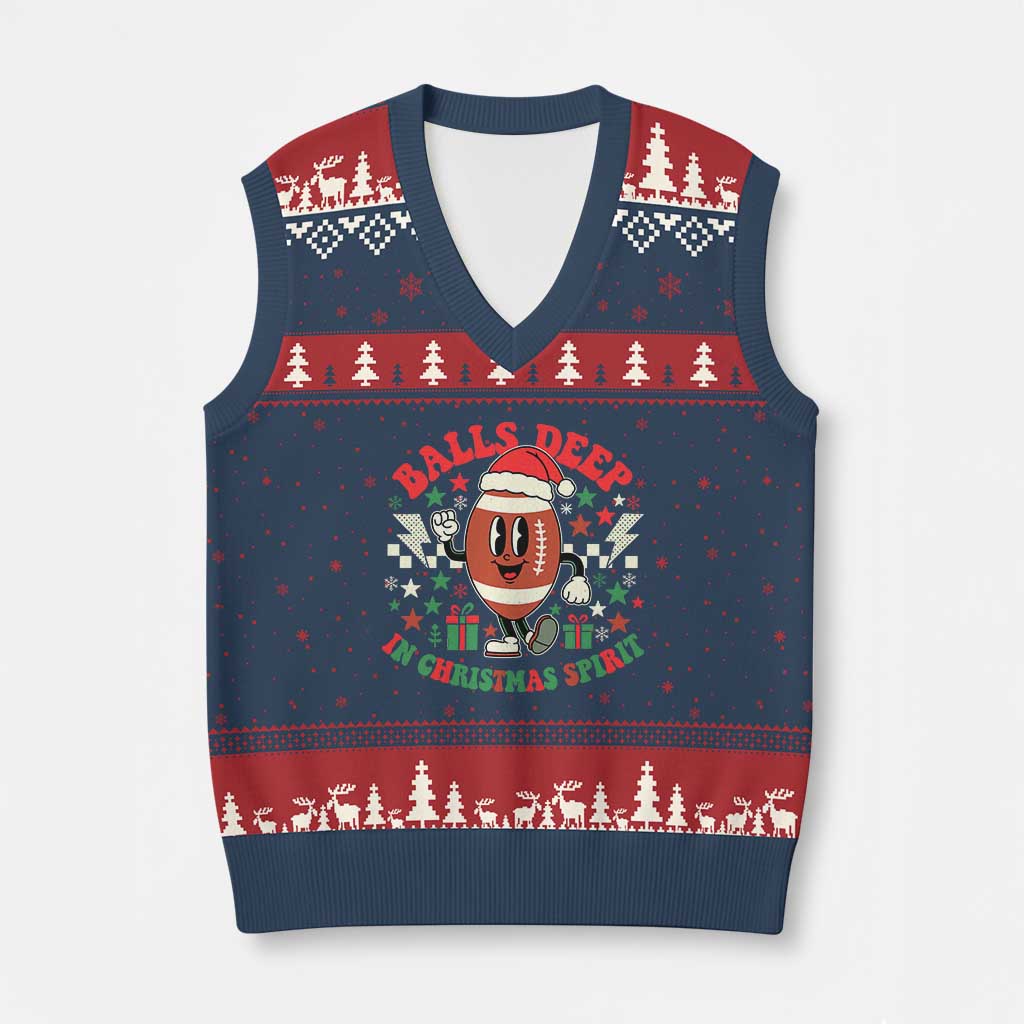 Funny Xmas American Football V-Neck Knit Sweater Vest Balls Deep In Xmas Spirit Game Day - Wonder Print Shop