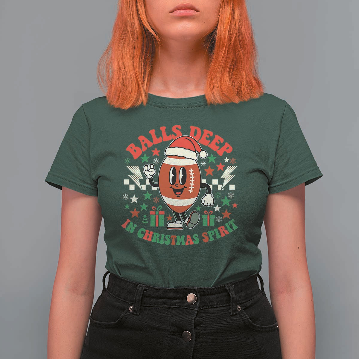 Funny Xmas American Football T Shirt For Women Balls Deep In Christmas Spirit Game Day - Wonder Print Shop