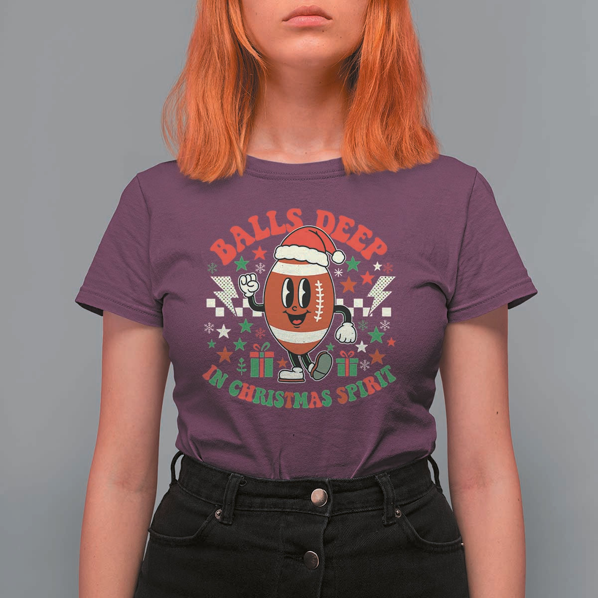 Funny Xmas American Football T Shirt For Women Balls Deep In Christmas Spirit Game Day - Wonder Print Shop