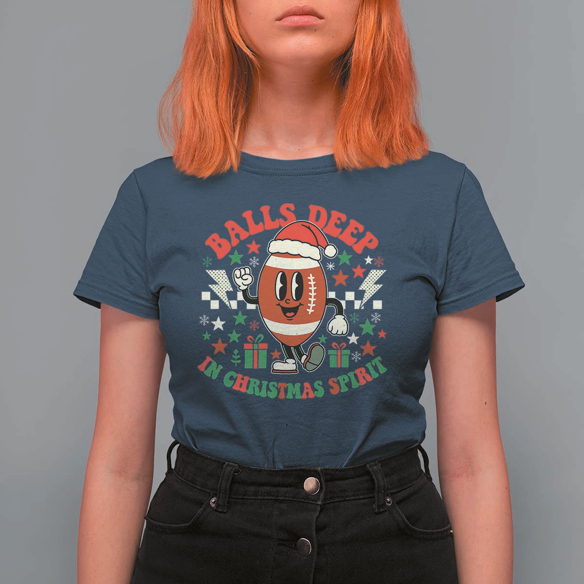 Funny Xmas American Football T Shirt For Women Balls Deep In Christmas Spirit Game Day - Wonder Print Shop