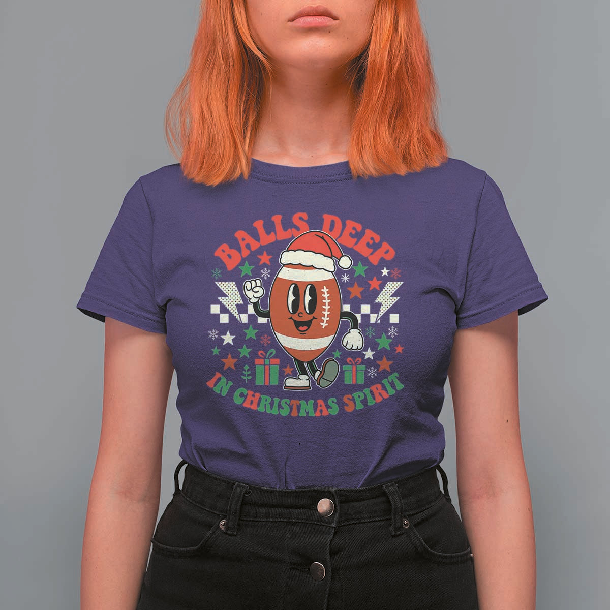 Funny Xmas American Football T Shirt For Women Balls Deep In Christmas Spirit Game Day - Wonder Print Shop