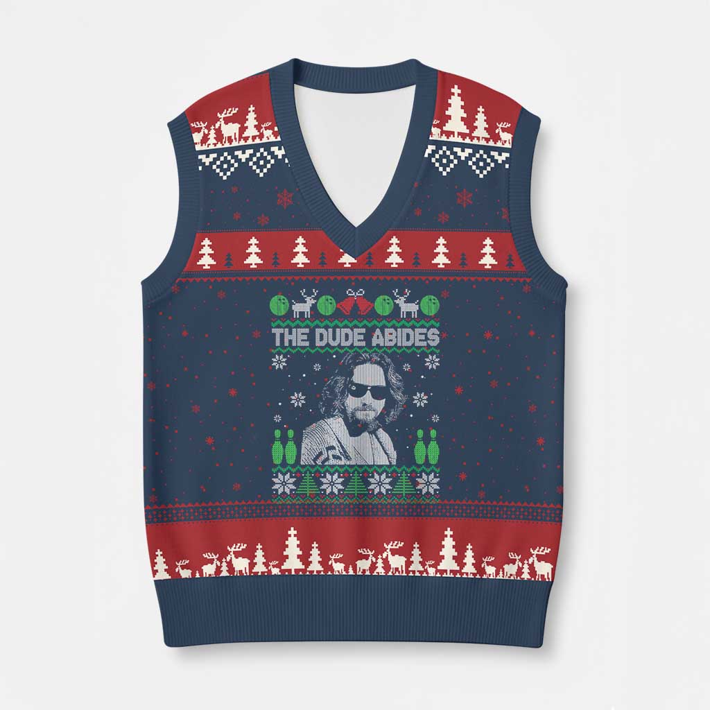 The Dude Abides Xmas Bowling V-Neck Knit Sweater Vest Funny Bowling Movie - Wonder Print Shop