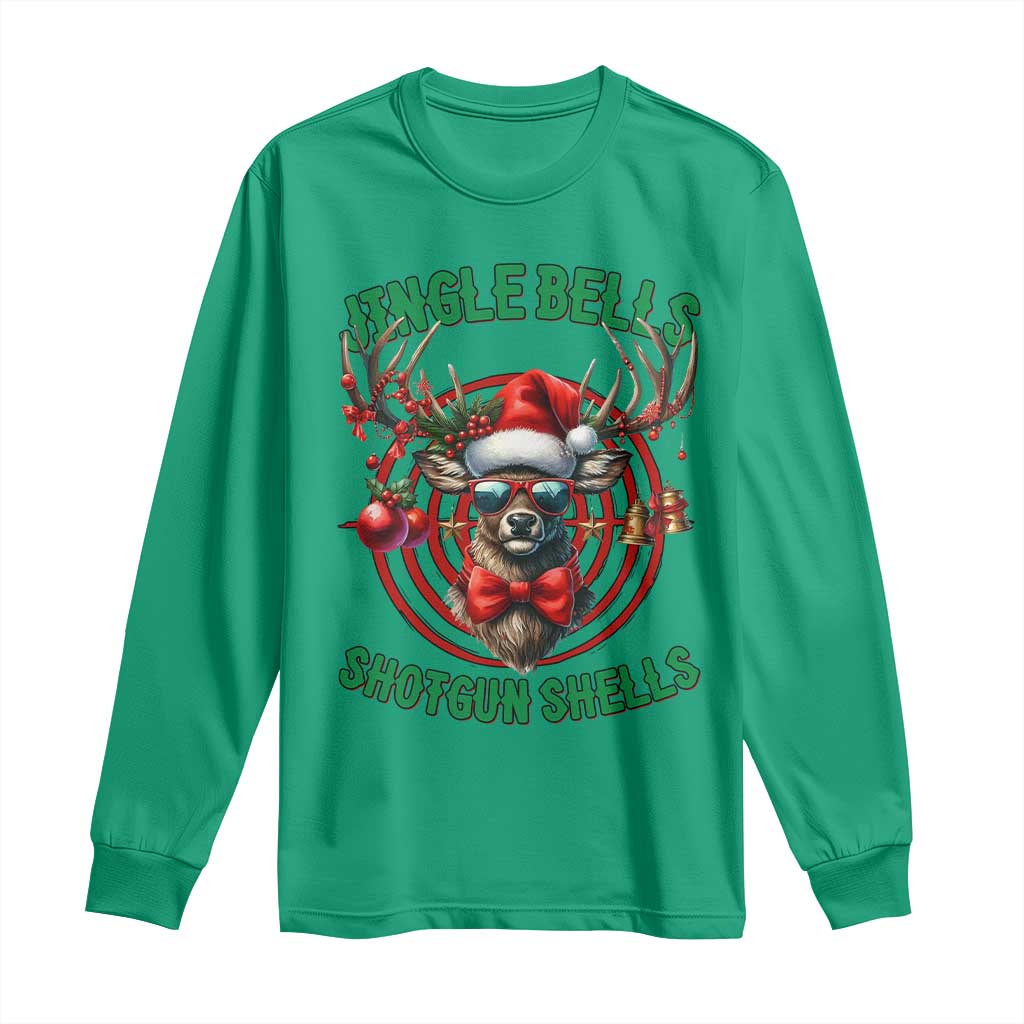 Funny Christmas Hunting Long Sleeve Shirt Jingle Bells Shotgun Shells Santa Deer