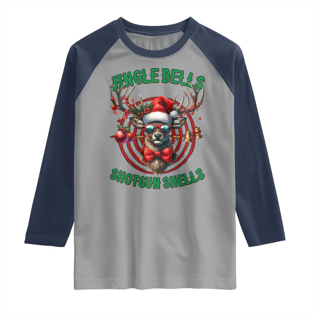 Funny Christmas Hunting Raglan Shirt Jingle Bells Shotgun Shells Santa Deer - Wonder Print Shop