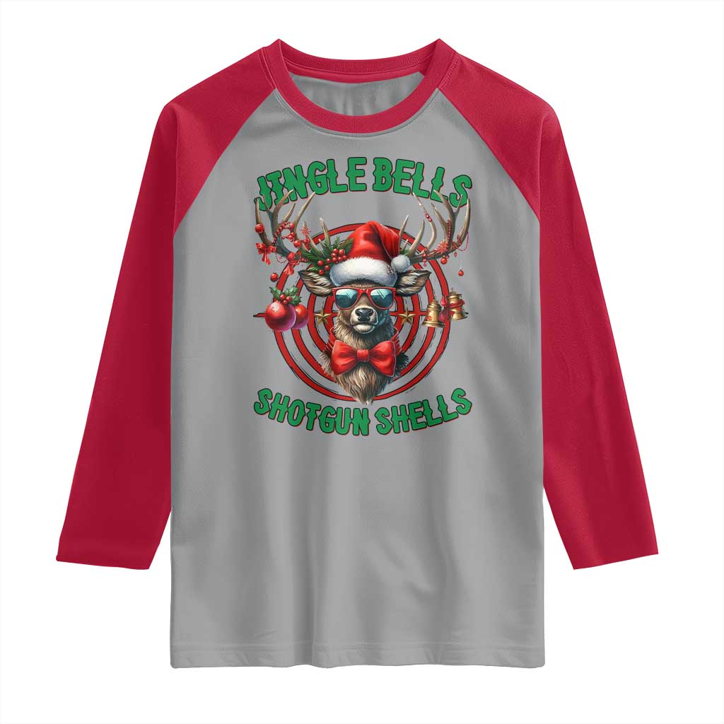 Funny Christmas Hunting Raglan Shirt Jingle Bells Shotgun Shells Santa Deer - Wonder Print Shop