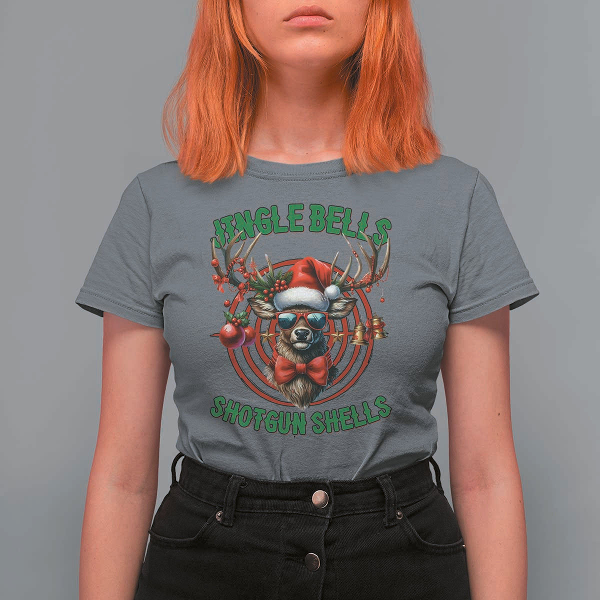 Funny Christmas Hunting T Shirt For Women Jingle Bells Shotgun Shells Santa Deer - Wonder Print Shop