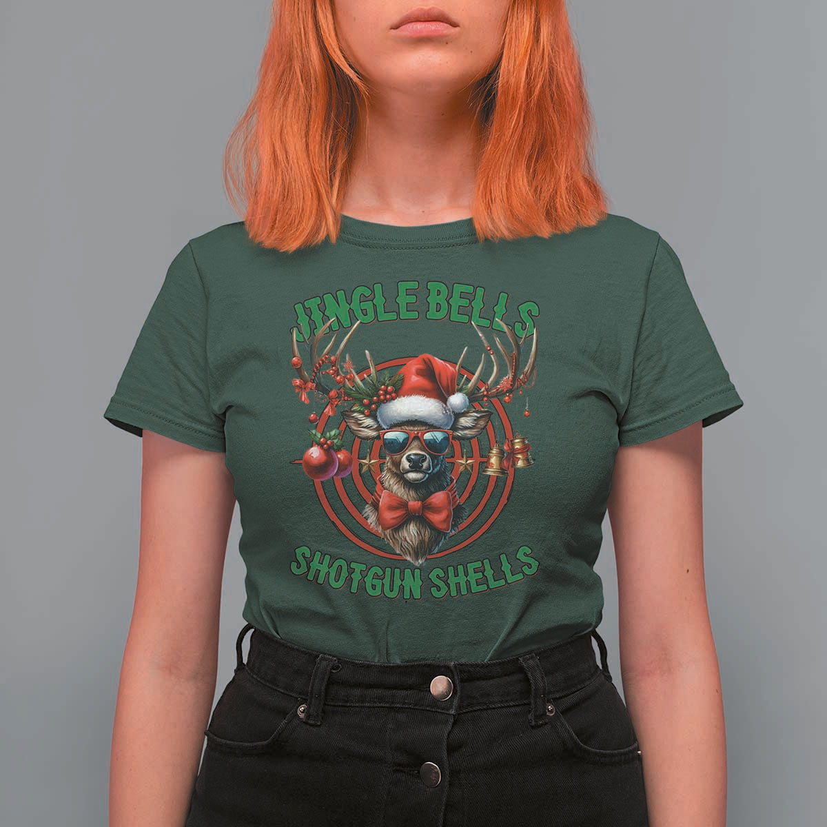 Funny Christmas Hunting T Shirt For Women Jingle Bells Shotgun Shells Santa Deer - Wonder Print Shop