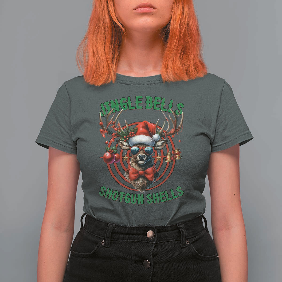 Funny Christmas Hunting T Shirt For Women Jingle Bells Shotgun Shells Santa Deer - Wonder Print Shop