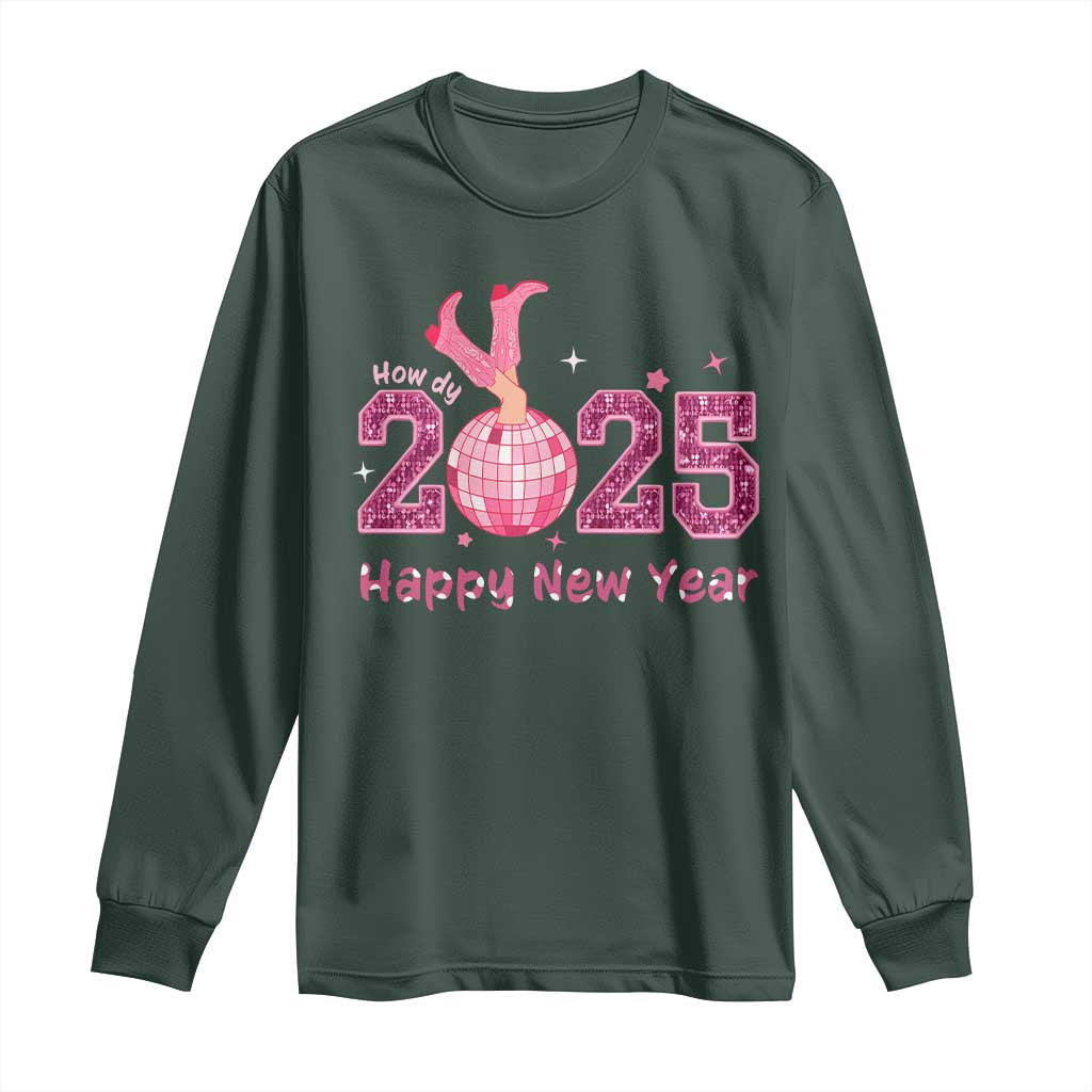 Funny Howdy 2025 Happy New Year Long Sleeve Shirt Cowgirl New Year's Eve Party Disco Ball