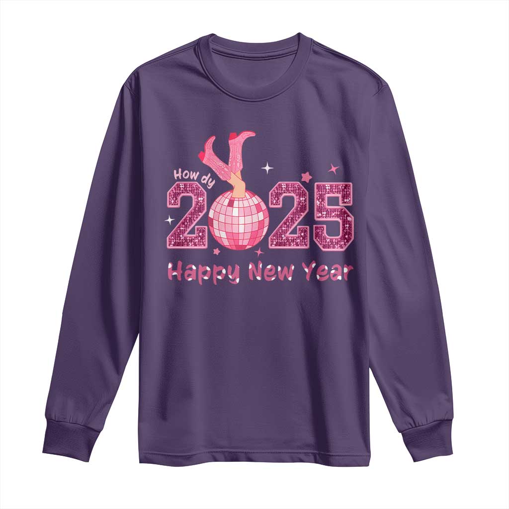 Funny Howdy 2025 Happy New Year Long Sleeve Shirt Cowgirl New Year's Eve Party Disco Ball