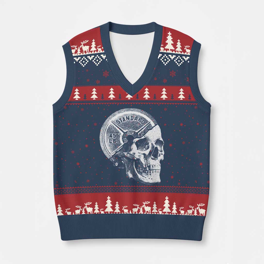 Skull 45 lbs Plate Weight Lifting Gym Workout V-Neck Knit Sweater Vest - Wonder Print Shop