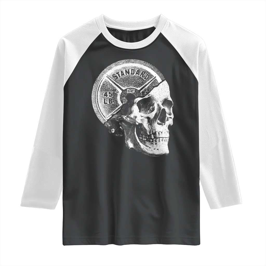 Skull 45 lbs Plate Weight Lifting Gym Workout Raglan Shirt - Wonder Print Shop