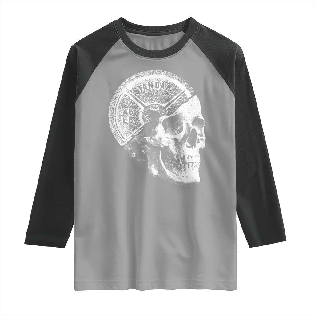 Skull 45 lbs Plate Weight Lifting Gym Workout Raglan Shirt - Wonder Print Shop
