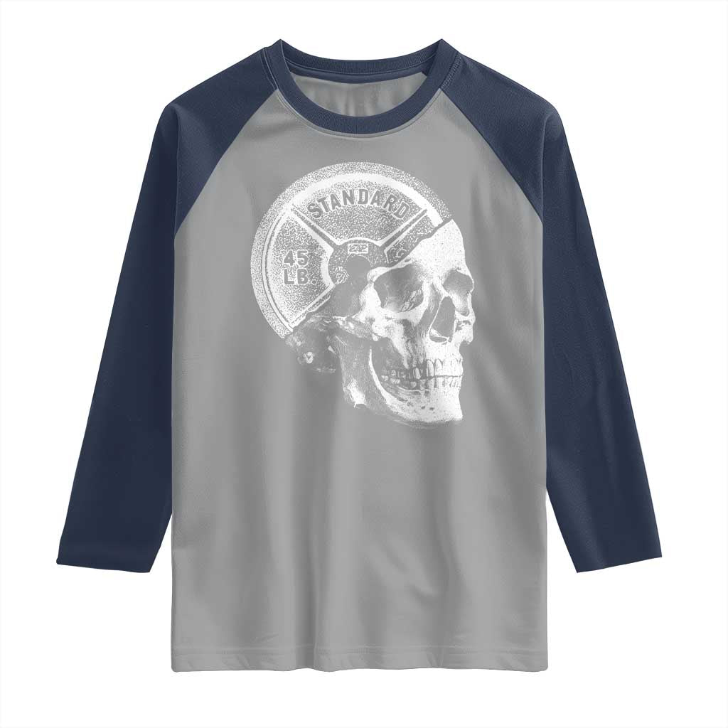 Skull 45 lbs Plate Weight Lifting Gym Workout Raglan Shirt - Wonder Print Shop