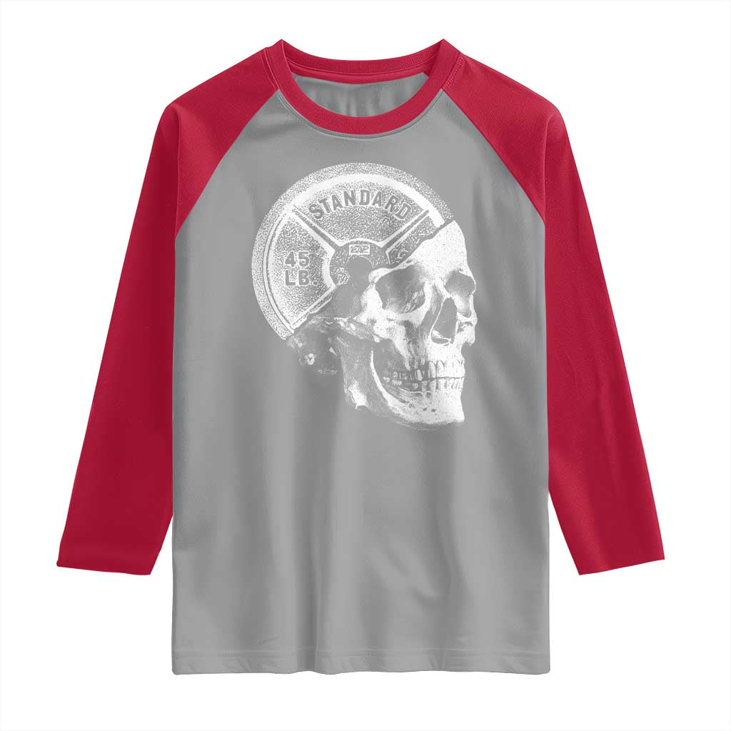 Skull 45 lbs Plate Weight Lifting Gym Workout Raglan Shirt - Wonder Print Shop