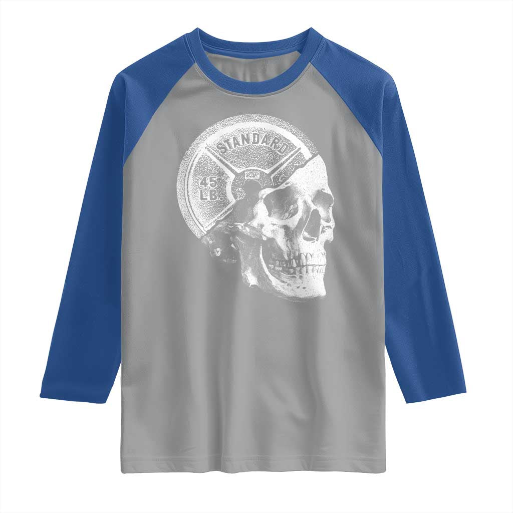Skull 45 lbs Plate Weight Lifting Gym Workout Raglan Shirt - Wonder Print Shop
