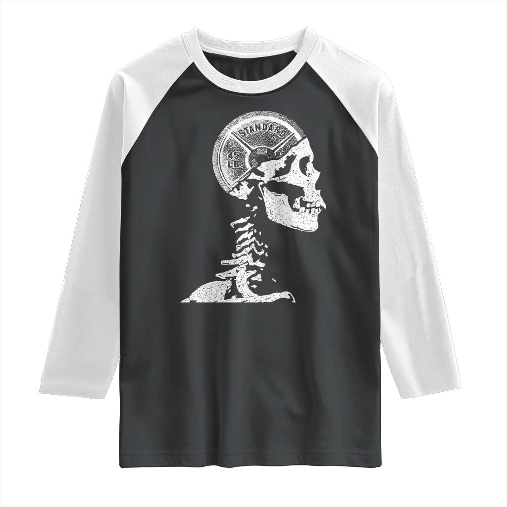 Funny Skeleton 45 lbs Plate Weight Lifting Gym Working Out Raglan Shirt - Wonder Print Shop