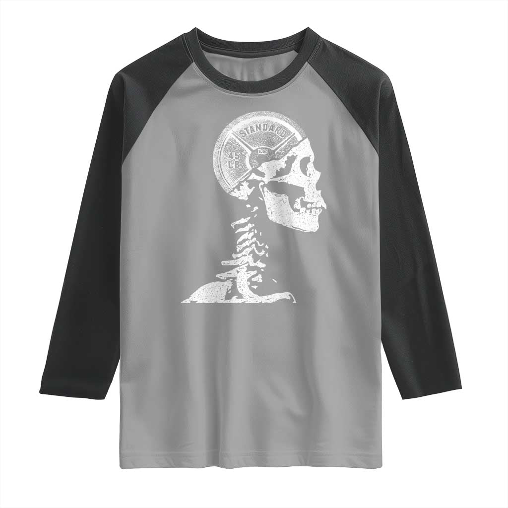 Funny Skeleton 45 lbs Plate Weight Lifting Gym Working Out Raglan Shirt - Wonder Print Shop