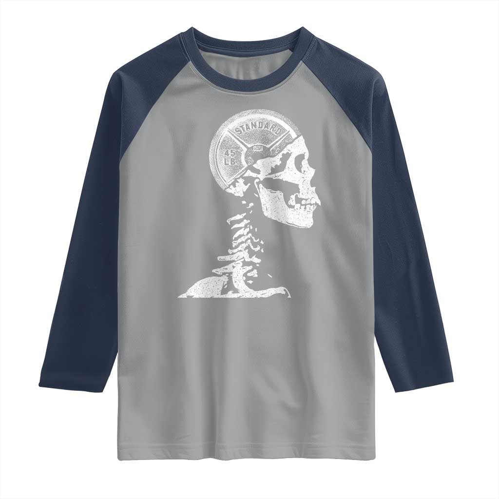 Funny Skeleton 45 lbs Plate Weight Lifting Gym Working Out Raglan Shirt - Wonder Print Shop