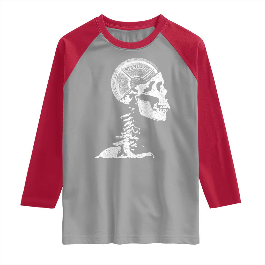 Funny Skeleton 45 lbs Plate Weight Lifting Gym Working Out Raglan Shirt - Wonder Print Shop